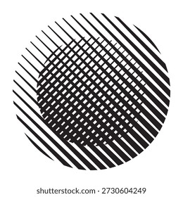 Un diseño abstracto en blanco y negro con una forma circular llena de líneas que se cruzan creando un patrón de cuadrícula, rodeado de líneas diagonales.