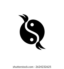 Design abstrato preto e branco representando equilíbrio e harmonia com motivos de peixe
