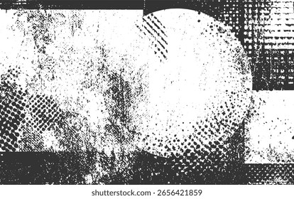 Um fundo aflito abstrato em preto e branco com várias texturas e formas geométricas.