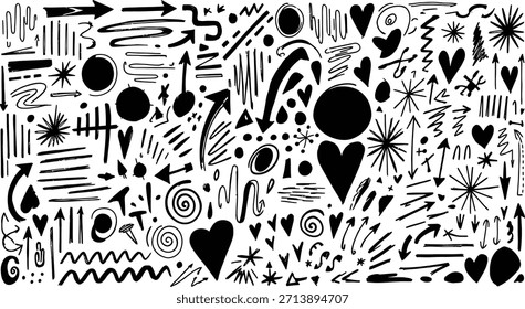 A black and white abstract doodle artwork with various shapes and symbols