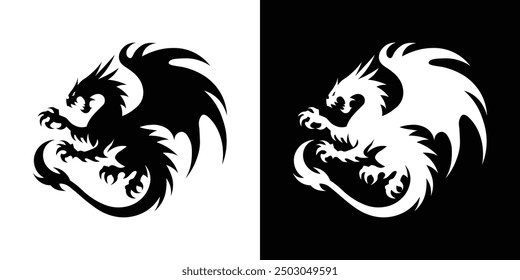  Black and White Abstract Dragon Silhouette - Modern Fantasy Logo Design
