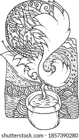 Dibujo abstracto en blanco y negro de una flor en un jarrón sobre un fondo abstracto de estilo doodle