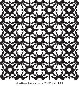 Black and white abstract eight pointed stars vector square seamless pattern or texture.