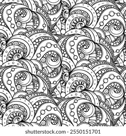 Black and white abstract ethnic style doodles seamless pattern. Perfect for antistress coloring