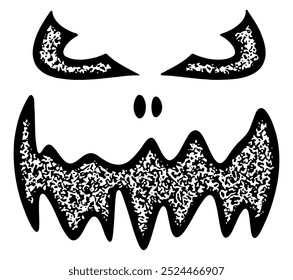 Black and white abstract face design with angry eyes and a jagged, sharp-toothed grin. A perfect fit for spooky Halloween themes and decorations.