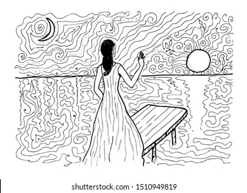 Black and white abstract fantasy painting. Wind, clouds, sun. Template for books. Hand drawn, ethnic, retro, Doodle, vector, zentangle, tribal design element.