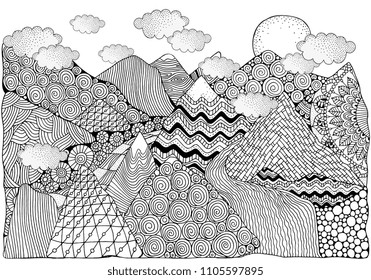 Black and white abstract fantasy picture. doodle mountains, sun and river. Pattern for coloring book. Hand-drawn, design elements. Zentangle