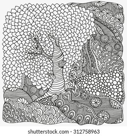 Black and white abstract fantasy picture. Old tree, leaf. Eco theme. Pattern for coloring book. Hand-drawn, ethnic, retro, doodle, vector, zentangle, tribal design element.  Zentangle.