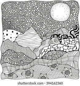 Black and white abstract fantasy picture. Moonlight, mountains. Eco theme. Pattern for coloring book. Hand-drawn, ethnic, retro, doodle, vector, zentangle, tribal design element.  Zen art. Zentangle.