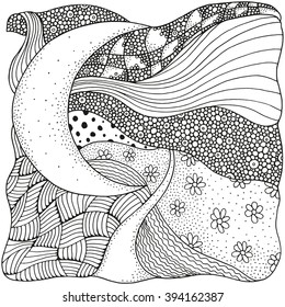 Black and white abstract fantasy picture. Moonlight. Long Road. Eco theme. Pattern for coloring book. Hand-drawn, ethnic, retro, doodle, vector, zentangle, tribal design element.  Zen art. Zentangle.