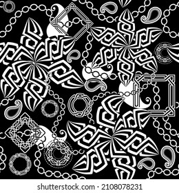 Black and white abstract fantasy seamless pattern. Geometric ornamental vector background. Floral hand drawn ornaments with Paisley flowers, chains, geometrical shapes, squares, circles, rhombus.