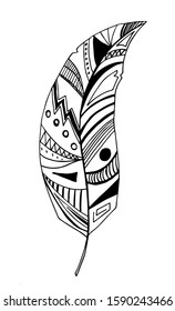 Black and white abstract feather isolated on white background. Vector stock illustration. Hand drawing outline image for tattoo and bohemian design.