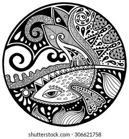 Black and white abstract with fish and waves on circle, relax and meditation art, monochrome vector illustration