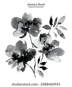 Black and White Abstract Floral 01. Watercolor illustration of vector flowers and leaves. Delicate botanical imagery with soft edges and flowing lines creates sense of simplicity and elegance.