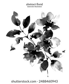 Black and White Abstract Floral 02. Watercolor illustration of vector flowers and leaves. Delicate botanical imagery with soft edges and flowing lines creates sense of simplicity and elegance.