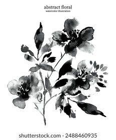 Blanco y negro Abstractas Floral 03. Ilustración de acuarela de flores y hojas de Vector. Las imágenes botánicas delicadas con bordes suaves y líneas fluidas crean una sensación de simplicidad y elegancia.