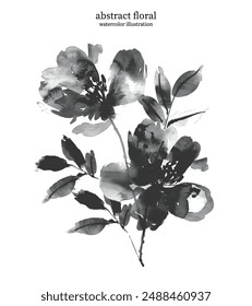 Black and White Abstract Floral 04. Watercolor illustration of vector flowers and leaves. Delicate botanical imagery with soft edges and flowing lines creates sense of simplicity and elegance.