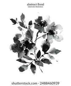 Black and White Abstract Floral 05. Watercolor illustration of vector flowers and leaves. Delicate botanical imagery with soft edges and flowing lines creates sense of simplicity and elegance.