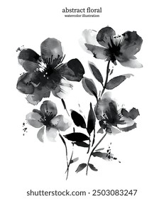 Floral Abstractas Blanco y Negro 07. Ilustración de acuarela de flores y hojas de Vector. Las delicadas imágenes botánicas con bordes suaves y líneas fluidas crean una sensación de simplicidad y elegancia.