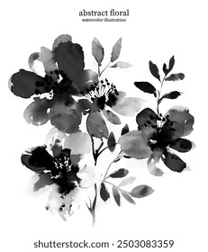 Black and White Abstract Floral 08. Watercolor illustration of vector flowers and leaves. Delicate botanical imagery with soft edges and flowing lines creates sense of simplicity and elegance.