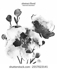 Black and White Abstract Floral 09. Watercolor illustration of vector flowers and leaves. Delicate botanical imagery with soft edges and flowing lines creates sense of simplicity and elegance.