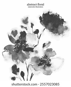 Black and White Abstract Floral 10. Watercolor illustration of vector flowers and leaves. Delicate botanical imagery with soft edges and flowing lines creates sense of simplicity and elegance.