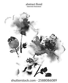 Black and White Abstract Floral 11. Watercolor illustration of vector flowers and leaves. Delicate botanical imagery with soft edges and flowing lines creates sense of simplicity and elegance.