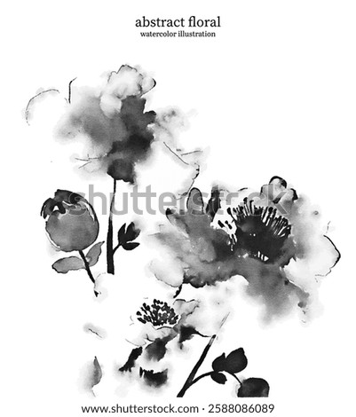 Black and White Abstract Floral 11. Watercolor illustration of vector flowers and leaves. Delicate botanical imagery with soft edges and flowing lines creates sense of simplicity and elegance.