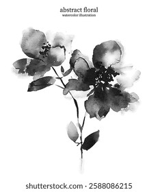 Black and White Abstract Floral 12. Watercolor illustration of vector flowers and leaves. Delicate botanical imagery with soft edges and flowing lines creates sense of simplicity and elegance.