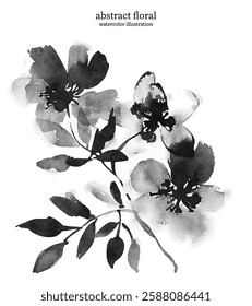 Black and White Abstract Floral 14. Watercolor illustration of vector flowers and leaves. Delicate botanical imagery with soft edges and flowing lines creates sense of simplicity and elegance.