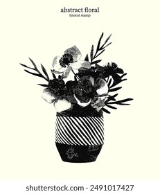 Black and White Abstract Floral 16. Vector linocut silhouettes of variety flowers and leaves in a geometric patterned vase. Bouquet of flowers clustered together at the top of a vase.