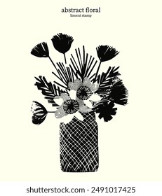 Black and White Abstract Floral 18. Vector linocut silhouettes of variety flowers and leaves in a geometric patterned vase. Bouquet of flowers clustered together at the top of a vase.