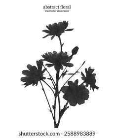 Black and White Abstract Floral 18. Watercolor illustration of vector flowers and leaves. Delicate botanical imagery with soft edges and flowing lines creates sense of simplicity and elegance.