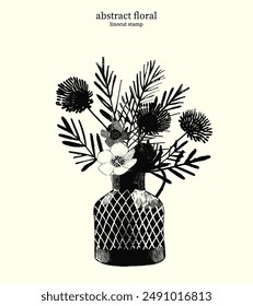 Black and White Abstract Floral 21. Vector linocut silhouettes of variety flowers and leaves in a geometric patterned vase. Bouquet of flowers clustered together at the top of a vase.