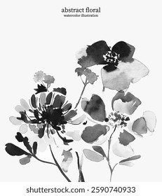 Black and White Abstract Floral 26. Watercolor illustration of vector flowers and leaves. Delicate botanical imagery with soft edges and flowing lines creates sense of simplicity and elegance.