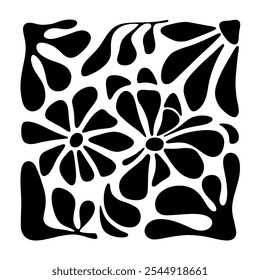 Black and white abstract floral background, organic shapes of leaves, flowers in Art Nouveau style, vector. Botanical square beautiful illustration for decoration, design, background. 