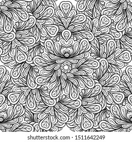 Black and white abstract floral ethnic tangle seamless pattern. 