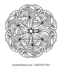 Black and white abstract floral mandala pattern. Antistress coloring page.
