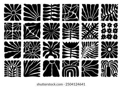 Black and white abstract floral patterns in Matisse style on white background