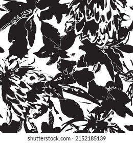 Schwarz-weißes abstraktes Blumenmuster nahtlose Textur .Blumen Tapeten. Erdfarben. Leinen, Stoffhintergrund. Monochrome organische Schattensilhouette. Einfache tropische Legierung