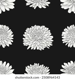 Padrão floral abstrato sem costura preto e branco no fundo preto. Esboço de esboço de flor de crisântemo adequado para papéis de parede, ou desenhos de tecido