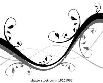 A black and white abstract floral vector background illustration with a winding black and grey floral deign on a white background