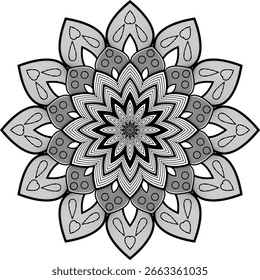 Black and white abstract floral vector illustration with colorful petals and decorative nature elements