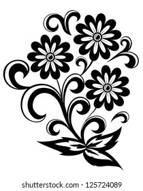 black and white abstract flower with leaves and swirls isolated on white background