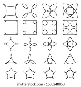 Black and white abstract flowers and frames. Magic geometry signs collection. Runes and alchemy mystical symbols. Set for game design, sprites for game user interface. Vector asset.