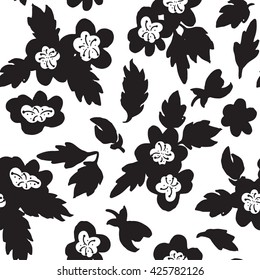 Black and white abstract flowers silhouettes vector seamless pattern. Seamless background for fabric, paper and other printing and web projects.