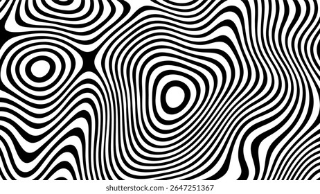 Linhas de fluxo abstratas em preto e branco. Superfície listrada de ilusão óptica. Padrão de fundo de vetor Groovy para design moderno.