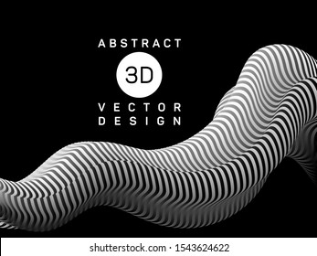 Black and white abstract flowing shape 3d vector graphic design. Smooth geometric fluid gray scale flowing shape with zebra stripes abstract vector design. Banner or poster trendy 3d fluid background.