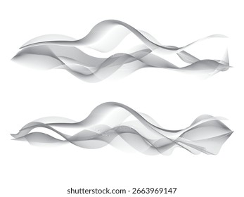 Black and white abstract flowing waves on white background. Elegant curved lines create dynamic motion and minimal design. Suitable for technology, music, water, smoke, or modern art concepts.