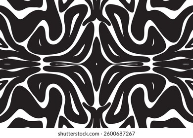 Black and white abstract fluid pattern with a symmetrical and psychedelic effect. The organic, wavy shapes create a mesmerizing and modern design, ideal for backgrounds, textiles, digital art, and con